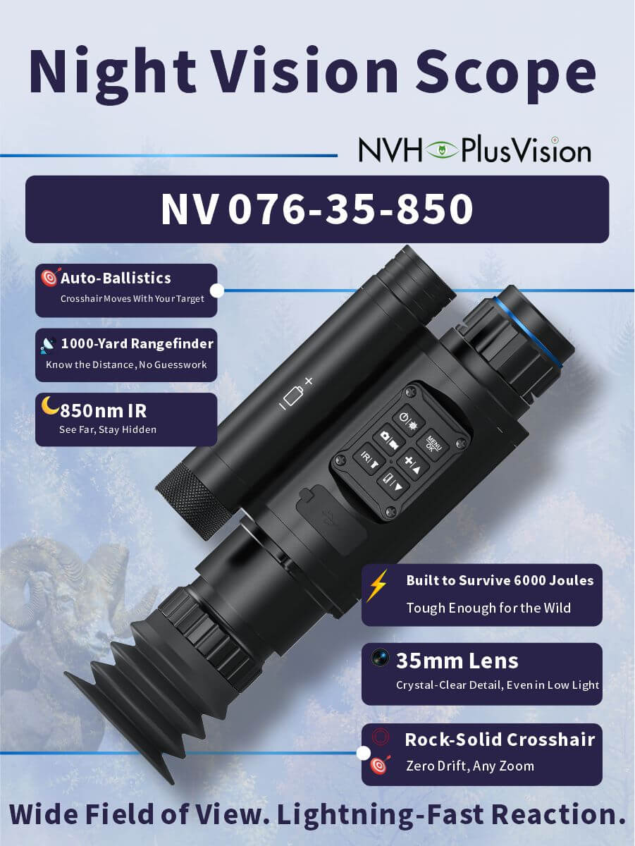 NV-076-35-940 Digital Night Vision Scope | 1000m Rangefinder | Auto Ballistic Calculator | Full HD Recording | 940nm Invisible IR | 6000J Recoil Rating