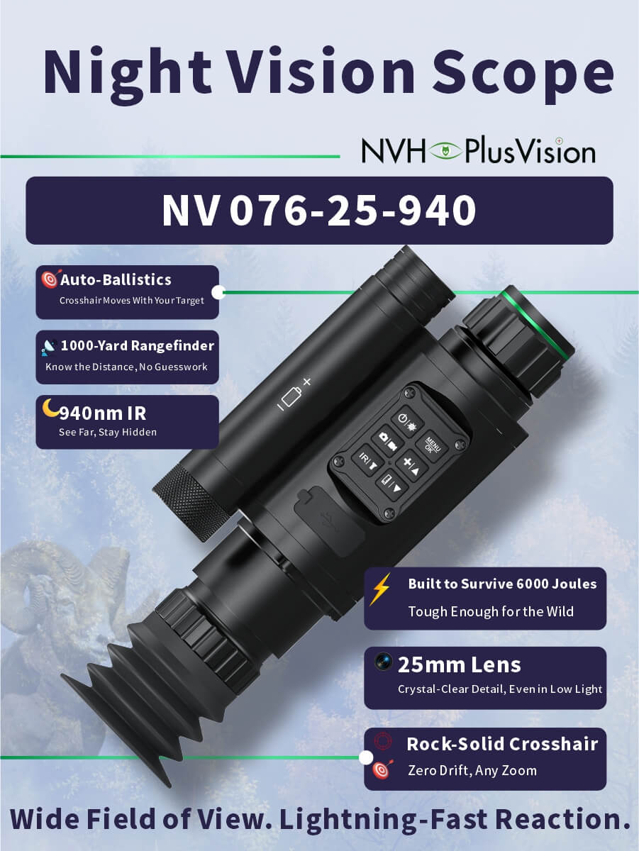 NV-076-25-940 Digital Night Vision Scope – 1000m Rangefinder, Auto Ballistics, 940nm IR, Full HD, WiFi